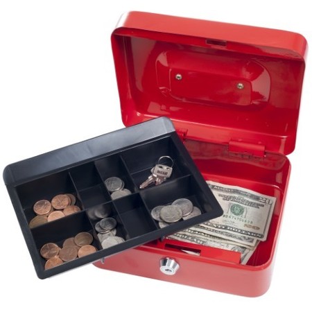FLEMING SUPPLY Lock Box Safe with Coin Compartment Tray, Secure, Organize Small Valuables in Key Locked Metal Box, Red 597961HMT
